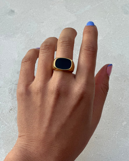 Gold Chunky Signet Ring (Black)